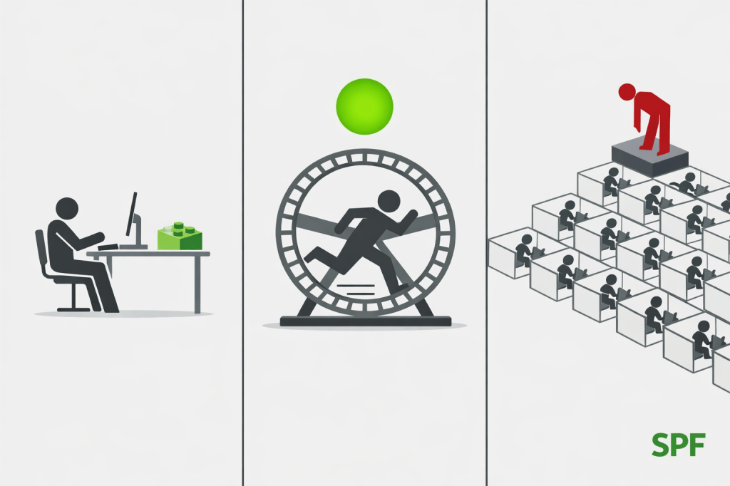 Ein dreigeteiltes Bild zeigt links ruhige, fokussierte Arbeit mit sichtbarem Ergebnis, in der Mitte hektische Aktivität im Hamsterrad ohne Output und rechts eine überwachte Bürowelt mit hierarchischer Kontrolle. Die leuchtend grüne Präsenzanzeige kontrastiert ironisch mit der tatsächlichen Produktivität. Die Komposition stellt Effizienz, Scheinaktivität und Kontrolle als drei gegensätzliche Arbeitsrealitäten gegenüber.