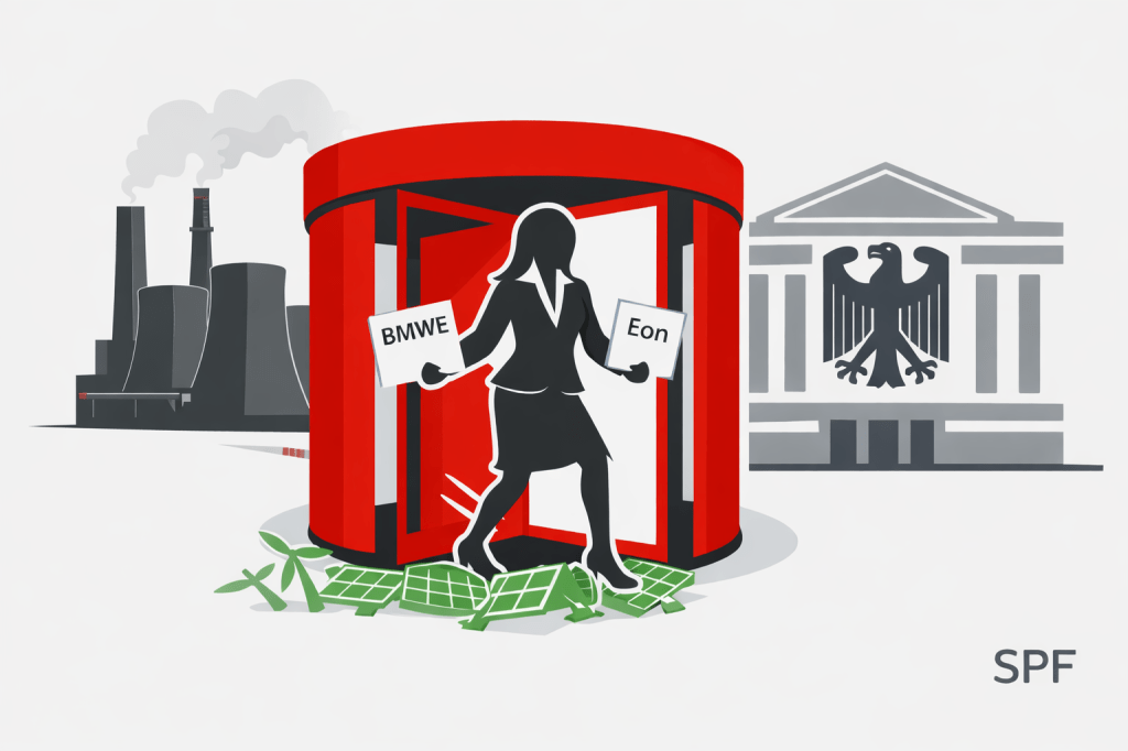 Die Illustration zeigt eine gesichtslose Ministerin im Geschäftskostüm, die in einer roten Drehtür zwischen einem staatlichen Gebäude und einem fossilen Kraftwerkskomplex rotiert, während sie Dokumente mit „BMWE“ und „Eon“ in den Händen hält. Unter ihren Füßen liegen verstreute und beschädigte Symbole für Windkraft und Solarenergie, auf denen sie achtlos herumtritt. Links verstärken Kühltürme und Schornsteine mit Rauch die Dominanz der fossilen Industrie, während die rote Drehtür als zentrales Symbol für den Austausch zwischen Politik und Wirtschaft fungiert.