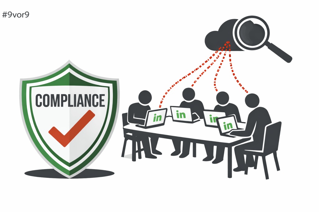 Die Illustration zeigt links ein großes, schildförmiges Emblem mit der Aufschrift „COMPLIANCE“ und einem roten Haken, das Sicherheit und Regelkonformität suggeriert. Rechts sitzen fünf stilisierte Figuren an einem Tisch vor Laptops mit grünen „in“-Symbolen, während rote, gestrichelte Datenströme aus ihren Geräten in eine dunkle Wolke mit Lupe oben rechts fließen. Der Kontrast zwischen dem vertrauensbildenden Schild und dem sichtbaren Datenabfluss erzeugt eine subtil kritische, entlarvende Aussage.