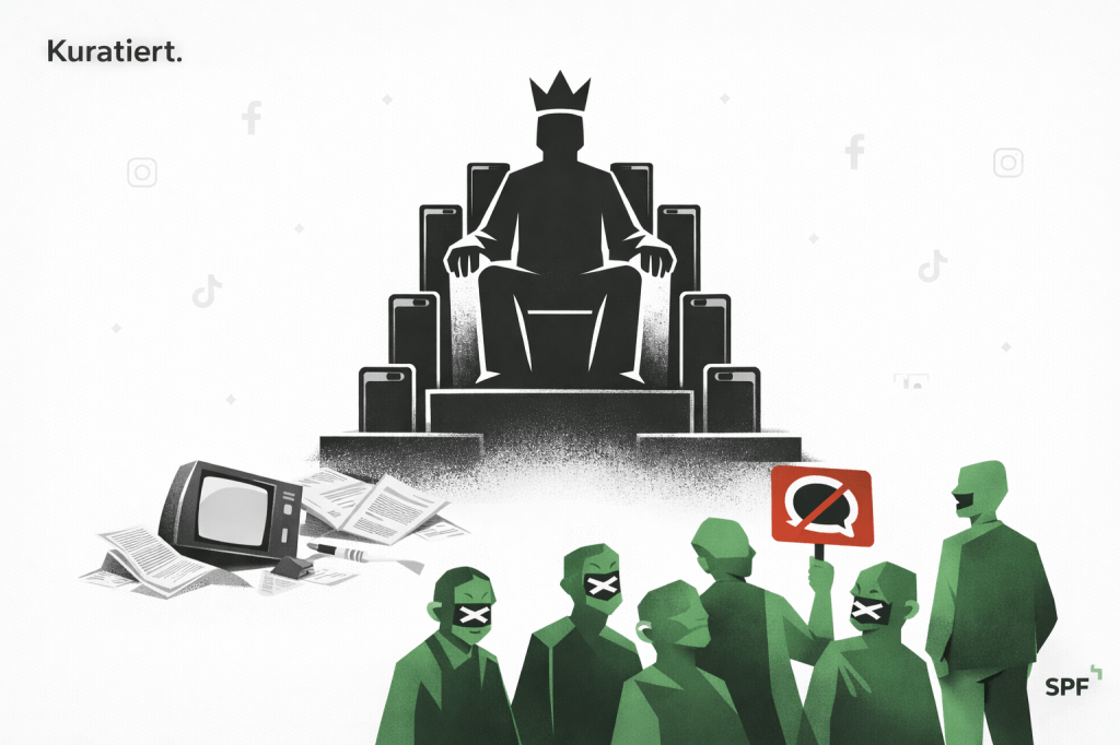 Eine monumentale, dunkle Herrscherfigur sitzt auf einem Thron aus Smartphones und dominiert die Szene, während im Hintergrund nur schwach erkennbare Plattform-Symbole schweben. Im Vordergrund stehen kleine grüne Figuren, teils mit verschlossenen Mündern, die ihren Blick nach oben richten und eine durchgestrichene Sprechblase halten. Am Rand liegen ein umgestürzter Fernseher und verstreute Zeitungen – sichtbar, aber vollkommen unbeachtet.