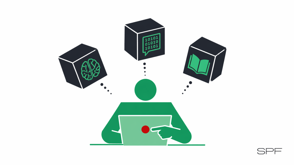 Eine geometrische Figur (grüne Silhouette, Piktogramm) sitzt ruhig und aufrecht vor einem einzelnen Laptop und tippt. Hinter ihr, in Halbkreisform, drei größere Sprechblasen-Würfel aus Anthrazit, jede mit einem unterschiedlichen Symbol: ein geometrisches Gehirn (KI/Claude), eine Sprechblase mit 0/1 (LLM/ChatGPT), ein stilisiertes Buch (Wolf-Schneider/Sprache). Die drei Würfel neigen sich leicht zur Figur hin – sie flüstern mit. Die Figur hört, entscheidet aber selbst: ein roter Punkt markiert die Stelle am Laptop-Bildschirm, an der sie gerade manuell überschreibt. Das Bild ist hell, ruhig, leicht ironisch.