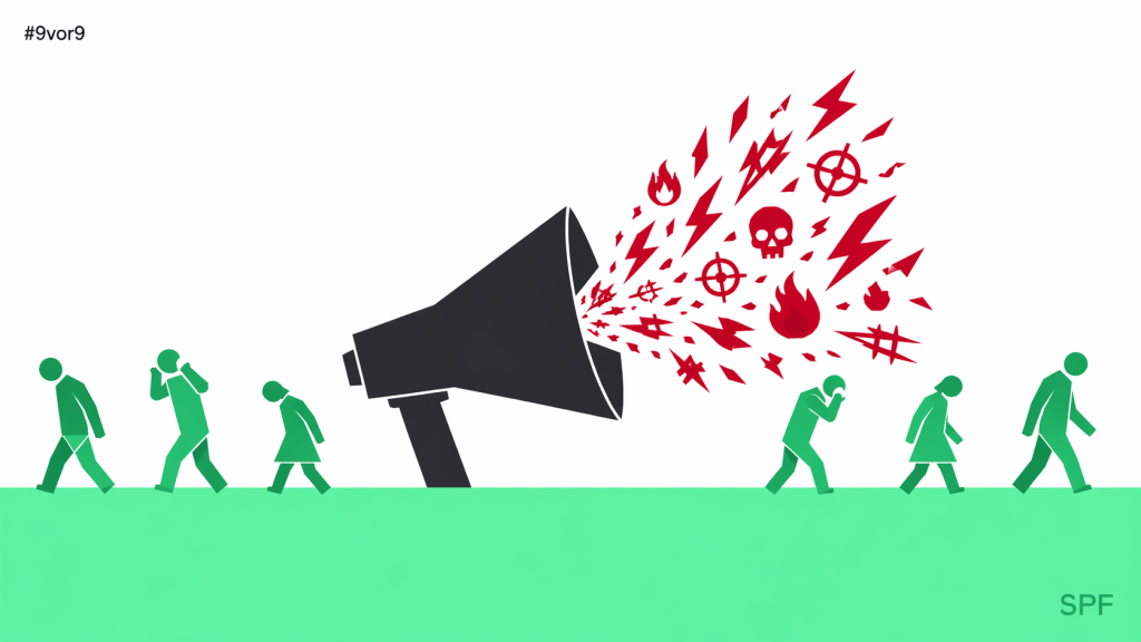 Ein großer, intakt brüllender Lautsprecher in der Bildmitte stößt einen Schwall aus scharfkantigen roten Hass-Symbolen aus — Wortsplitter, Blitze, Flammen, Kreuzungszeichen, Totenkopf-Piktogramm, aggressive Ausrufezeichen. Diese rote Welle breitet sich wie eine Schockfront nach rechts und links aus. Kleine grüne Silhouettenfiguren drehen sich weg und laufen aus dem Bild heraus — einige halten sich die Ohren zu, einige senken den Kopf. Die Kernaussage: Wer so angebrüllt wird, geht und schweigt.