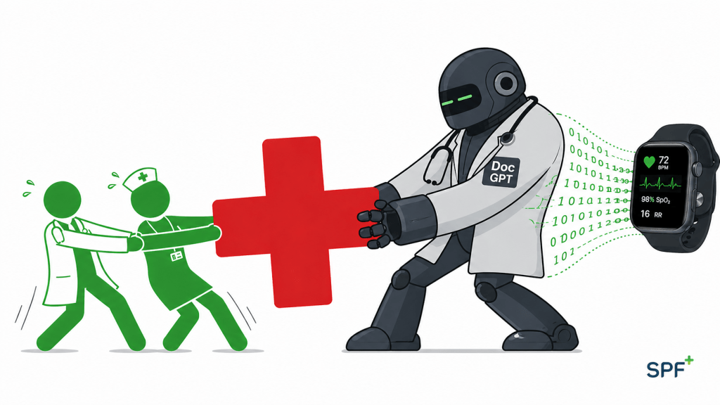 Mehr anzeigenWeniger anzeigenDie Illustration zeigt ein visuelles Kräftemessen: Zwei grüne, stilisierte Figuren – Arzt und Pflegekraft – ziehen an einem roten medizinischen Kreuz, während ein übergroßer, anthrazitfarbener Roboterarzt („Doc GPT“) es auf die andere Seite zieht. Vom Smartwatch-Display fließen grüne Datenströme in den Roboter, was die wachsende Bedeutung von Gesundheitsdaten und KI symbolisiert.