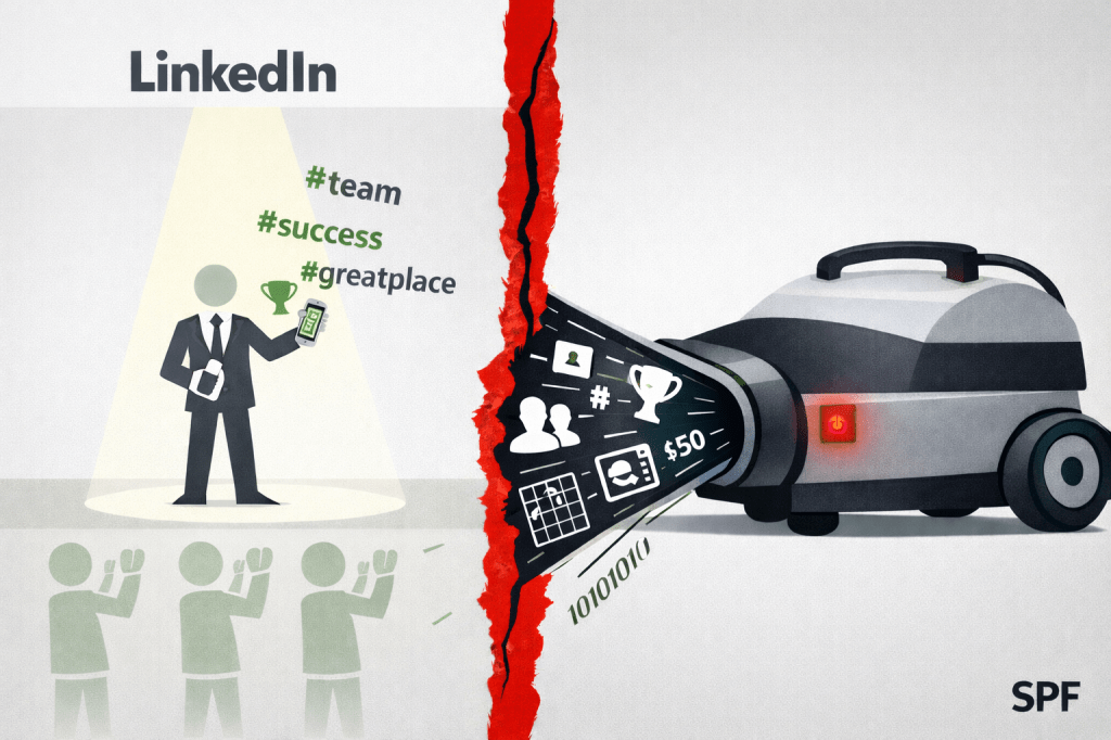 Eine minimalistische Split-Screen-Illustration zeigt links eine helle Bühne mit einer stilisierten Figur im Spotlight, die Erfolg inszeniert, während blassgrüne, mechanisch applaudierende Figuren und Hashtags die Inszenierung verstärken. Durch einen roten, rissartigen Spalt in der Mitte werden diese Symbole nach rechts gezogen, wo ein dunkler Staubsauger sie als Daten einsaugt. Das Bild macht sichtbar, dass Selbstdarstellung und Datenerfassung Teil desselben Systems sind.