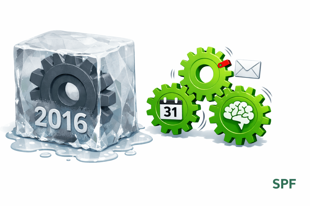 Ein großer, in Grautönen gehaltener Eisblock hält ein dunkles Zahnrad mit der eingravierten Jahreszahl „2016“ eingefroren fest, während an den Rändern bereits Schmelzwasser sichtbar wird. Rechts daneben greifen drei leuchtend grüne Zahnräder ineinander und treiben Symbole für Kommunikation, Planung und Denken an, was Dynamik und Fortschritt signalisiert. Ein einzelner roter Zahn an einem der Zahnräder markiert dabei eine offene, ungelöste Kontrollfrage im ansonsten reibungslosen System.