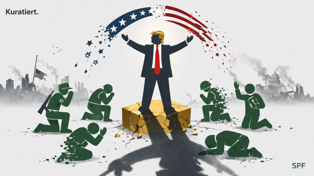 Die Illustration zeigt eine stilisierte, an Donald Trump angelehnte Figur im Anzug mit roter Krawatte, die mit erhobenen Armen auf einem rissigen goldenen Podest steht und eine quasi-religiöse Inszenierung erzeugt. Um sie herum knien grüne Piktogramm-Figuren – teils militärisch, teils predigend – wobei einige bereits sichtbar zerfallen oder fragmentieren. Über der Figur zerbricht ein Bogen aus US-Flaggen-Elementen in einzelne Teile, während der vergrößerte, verzerrte Schatten der Zentralfigur die Szene zusätzlich bedrohlich auflädt.