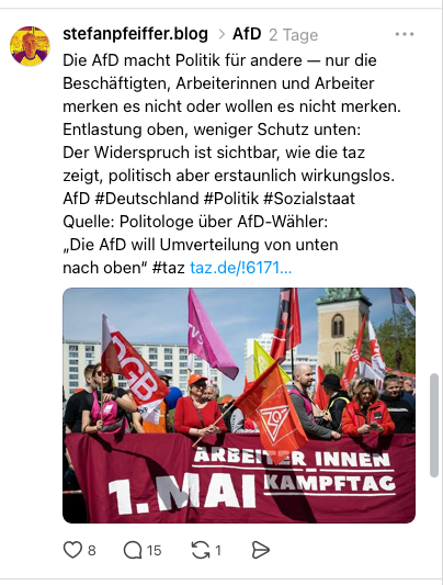 Die AfD macht Politik für andere — nur die Beschäftigten, Arbeiterinnen und Arbeiter merken es nicht oder wollen es nicht merken. Entlastung oben, weniger Schutz unten: Der Widerspruch ist sichtbar, wie die taz zeigt, politisch aber erstaunlich wirkungslos. AfD #Deutschland #Politik #Sozialstaat  Quelle: Politologe über AfD-Wähler: „Die AfD will Umverteilung von unten nach oben“ #taz