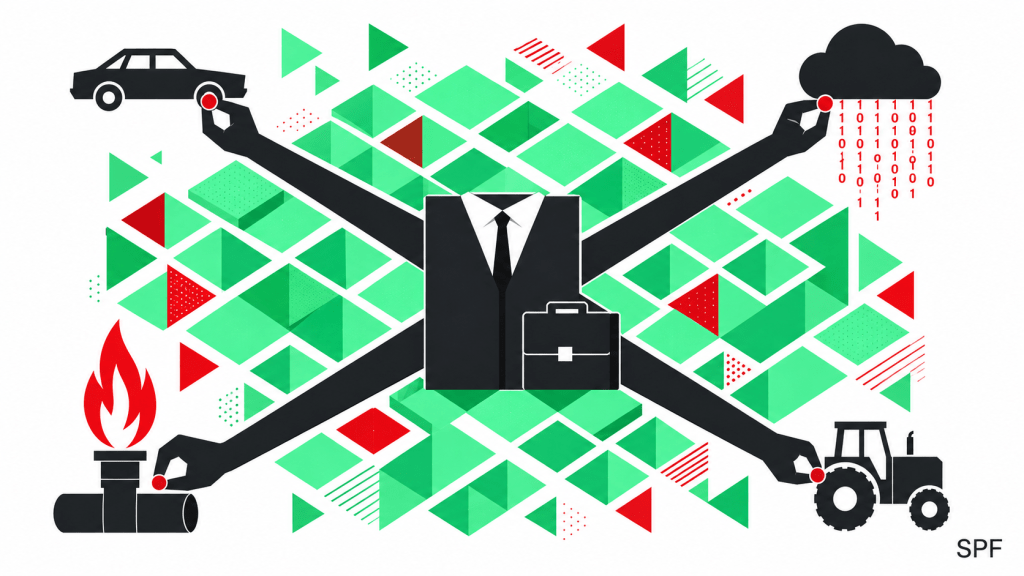 Eine überdimensionierte, gesichtslose Businessfigur beherrscht die Bildmitte und greift mit langen Armen symbolisch nach den zentralen Bereichen Industrie, Datenwirtschaft, Energie und Landwirtschaft. Die kräftigen roten Akzente markieren dabei präzise die Punkte von Einfluss und Kontrolle, während die dominierenden grünen Flächen einen modernen, fast freundlich wirkenden Gegenpol schaffen. Die geometrische Formsprache erzeugt eine kühle, abstrahierte Darstellung von Macht, Vernetzung und wirtschaftlicher Steuerung.