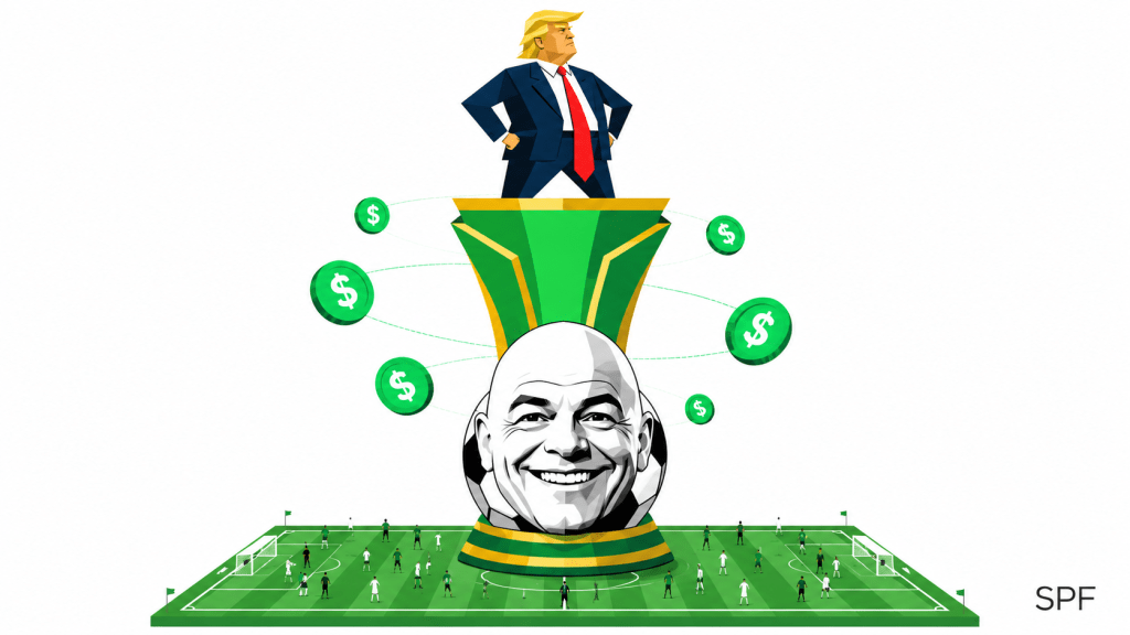 Der Pokal gehört ihnen Trump als stilisierte Karikatur oben auf dem WM-Pokal, Infantinos runder Kopf als Fußball zu seinen Füßen.
