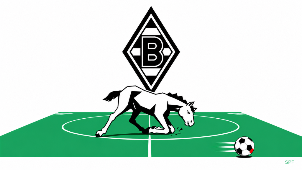 Ein Fohlen knickt vor der Borussia-Raute ein - Sinnbild für eine strauchelnde Borussia aus Mönchengladbach