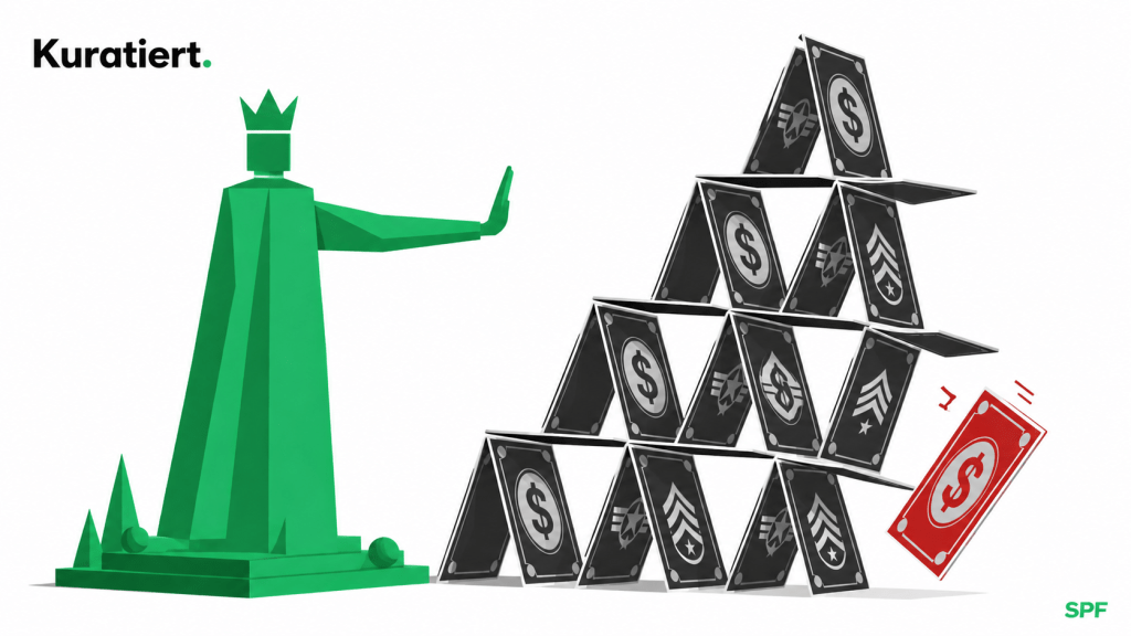 Eine stilisierte, grüne Monarchenfigur steht aufrecht vor einem instabilen Kartenhaus aus Dollar- und Militärsymbolen, das bereits zu kippen beginnt. Mit ausgestreckter Hand versucht sie vergeblich, den Zusammenbruch aufzuhalten, während eine rote Karte als erstes fällt. Die reduzierte, geometrische Darstellung auf weißem Hintergrund verstärkt die Symbolik von fragiler Macht und kontrollierter Ordnung.