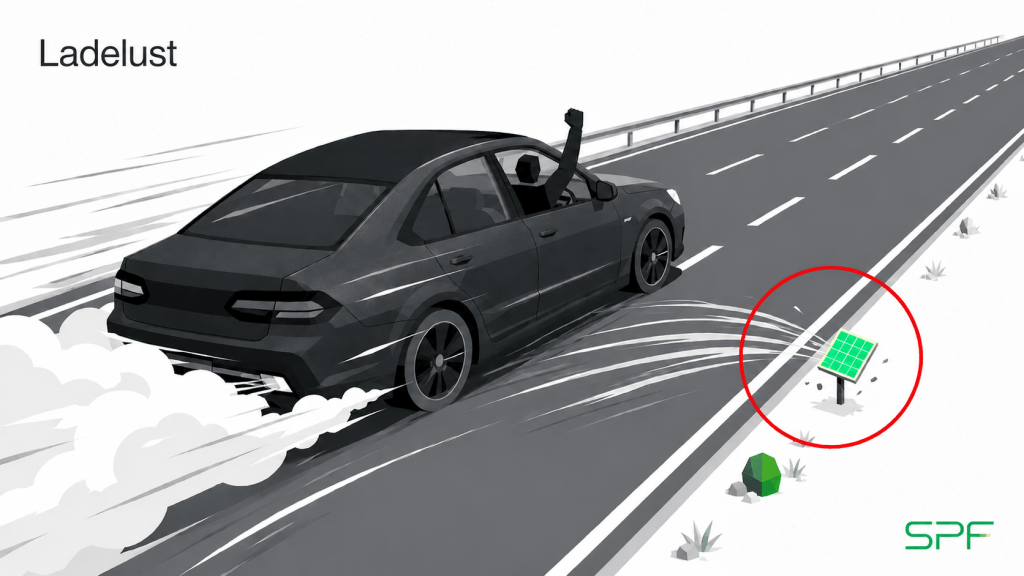 Eine übergroße Limousine in Anthrazit/Grau-Metallic rast mit Vollgas rückwärts auf einer leeren Autobahn — Auspuffwolken nach vorne, Fahrtwind nach hinten. Am Steuer eine geometrisierte Silhouettenfigur, die triumphierend die Faust reckt. Am Straßenrand: ein winziges, leuchtendes grünes Solarmodul, das von der Windböe des vorbeirasenden Autos weggepustet wird. Roter Kreis als Akzent um das wegfliegende Solarmodul. „Kuratiert." oben links.