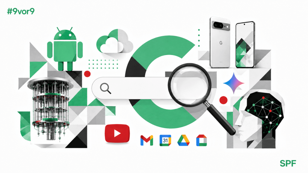 Eine Collage, die die wichtigsten Angebote von Google, von der Suche über YouTube, Android, der Cloud bis zu KI darstellt.