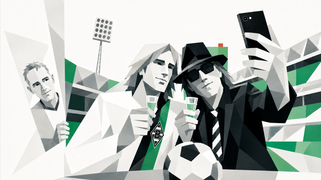 Das Titelbild zeigt Günter Netzer und Udo Lindenberg als reduzierte, geometrische Figuren im SPF-Editorialstil: Netzer im ikonischen weißen Gladbach-Trikot, Udo mit Hut und Sonnenbrille. Beide stoßen mit Eierlikörchen an und machen gleichzeitig ein Selfie im Borussia-Park — lässig, selbstironisch und sofort erkennbar. Links im Bild ich deutlich zurückhaltender und fragmentierter dargestellt, halb im Hintergrund, als schüchterner Beobachter des Moments.
