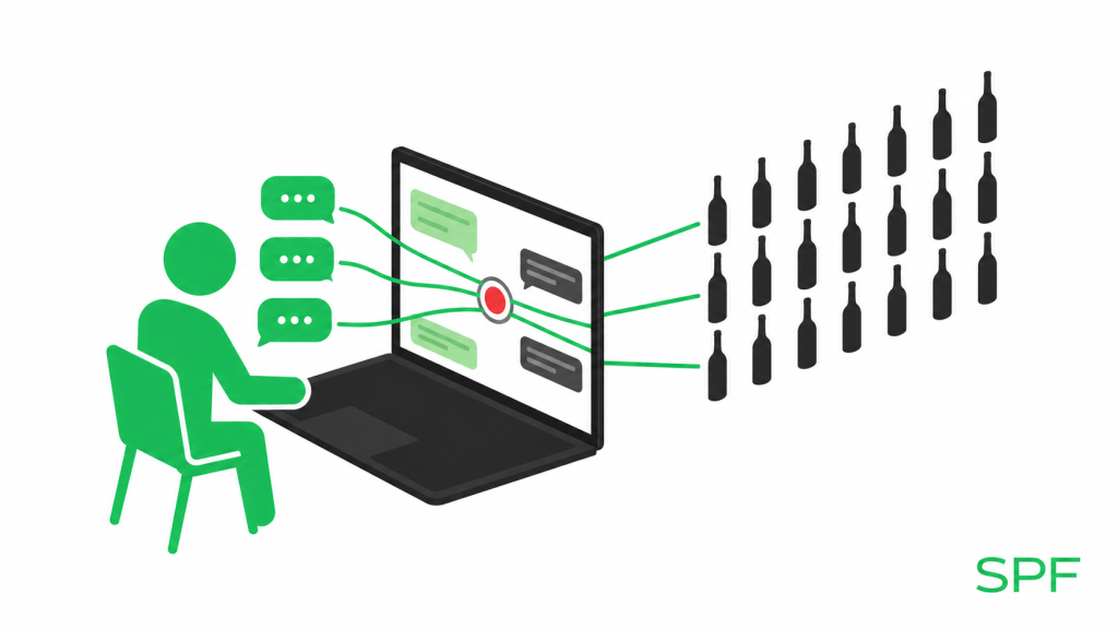 Eine stilisierte grüne Figur kommuniziert über mehrere Sprechblasen mit einem Laptop und stellt damit eine Anfrage in natürlicher Sprache an eine KI. Im Bildschirm werden die eingehenden Informationen an einem roten Knotenpunkt verarbeitet und in strukturierte Antworten umgewandelt, die durch ein minimalistisches Chat-Interface angedeutet werden. Aus dem Laptop entsteht schließlich eine geordnete Auswahl von Weinflaschen, die den Übergang von unstrukturierten Fragen zu kuratierten Empfehlungen symbolisiert.