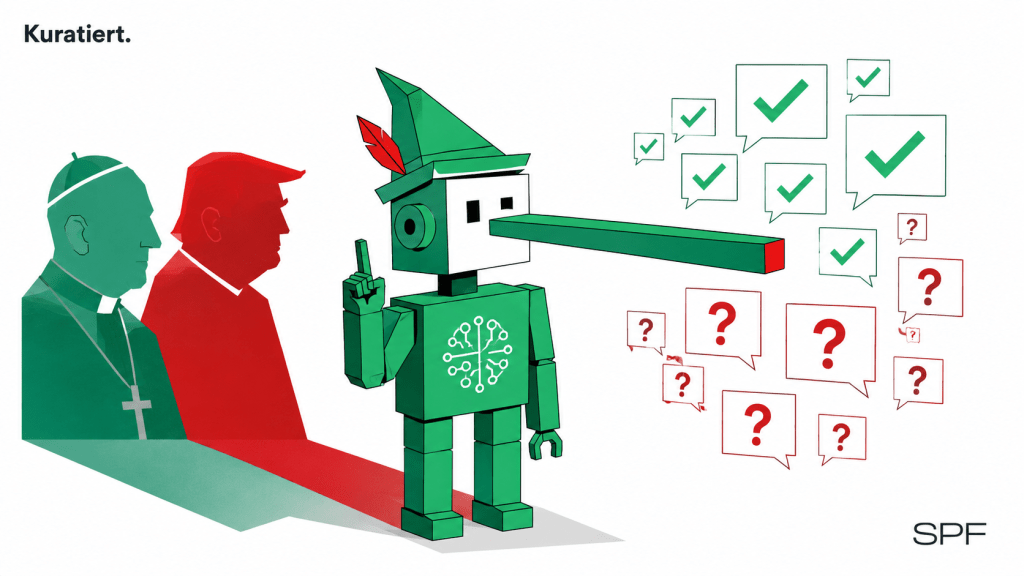 Die „ehrliche" Maschine (satirisch) Eine grüne Roboterfigur schwört mit erhobener Hand „die Wahrheit", während ihre Sensor-Nase wie bei Pinocchio wächst. Der Papst und Trump schauen zu.