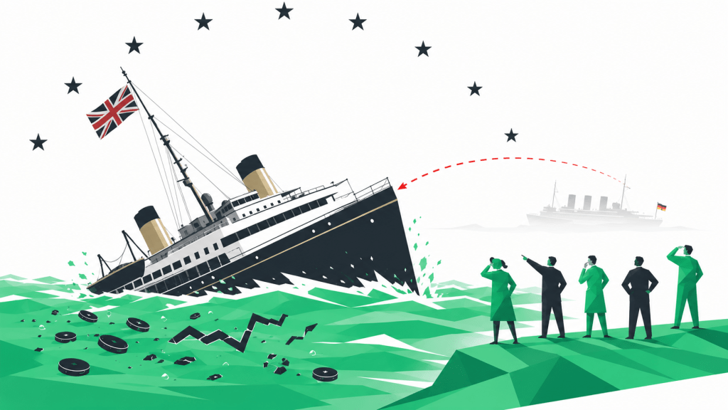 Die britische Yacht Britannia mit Schlagseite im Vordergrund. Besorgte europäische Figuren am Ufer blicken abwechselnd auf das sinkende Schiff und auf den Hintergrund — wo ein zweites kleineres Schiff in schwarz-rot-gold denselben Kurs einzuschlagen droht.