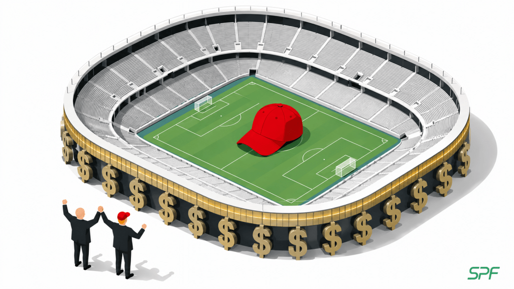 Aus der Vogelperspektive blickt man auf ein riesiges, nahezu leeres Stadion, dessen graue Ränge einen grünen Fußballplatz umschließen, auf dem statt eines Balls eine überdimensionierte rote Kappe liegt. Die Stadionfassade wird von goldenen Dollarzeichen getragen und wirkt wie ein Monument für Kommerzialisierung und finanzielle Interessen. Am Rand feiern zwei kleine Anzugfiguren – eine kahl, die andere mit orangefarbenen Haaren und roter Kappe – einander zugewandt, während sie den leeren Zuschauerrängen demonstrativ den Rücken kehren.