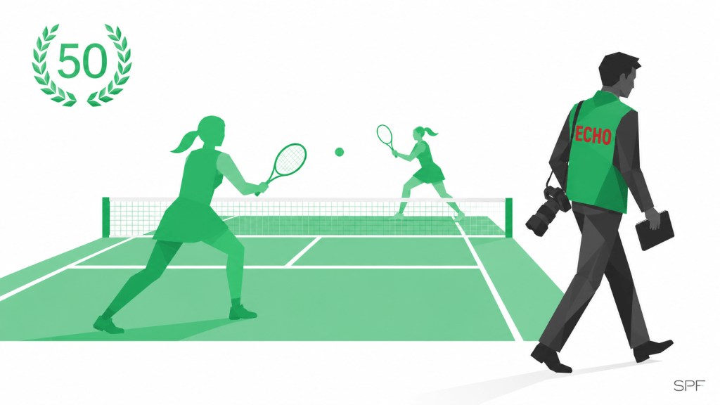 Zentralkomposition: Zwei flache grüne Spielerinnen-Silhouetten liefern sich einen Ballwechsel auf einem stilisierten Tennisplatz, der Ball schwebt zwischen ihnen. Am Bildrand steht eine anthrazitfarbene Journalisten-Silhouette mit Notizblock, den Rücken zum Spielfeld gewandt, im Begriff zu gehen