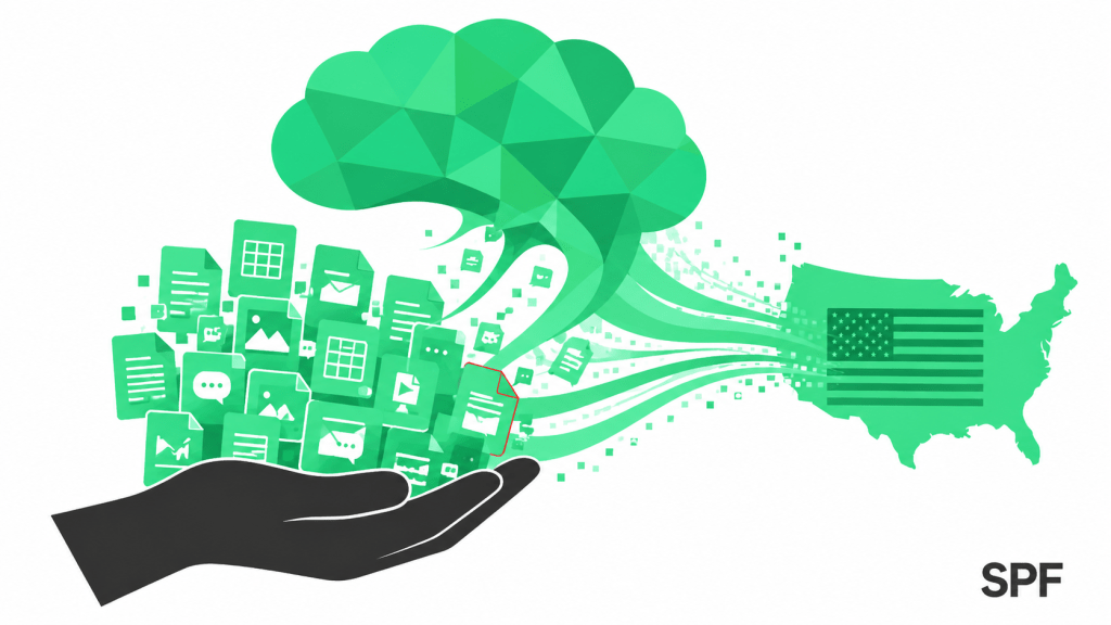 Eine geöffnete Hand hält digitale Dokumente, während eine grüne geometrische KI-Form (stilisiertes Gehirn/Cloud-Hybrid) danach greift und sie Richtung USA einsaugt — Machtbeziehung zwischen Nutzer und KI-System, ohne Trennlinie, als geschlossenes Bildargument.