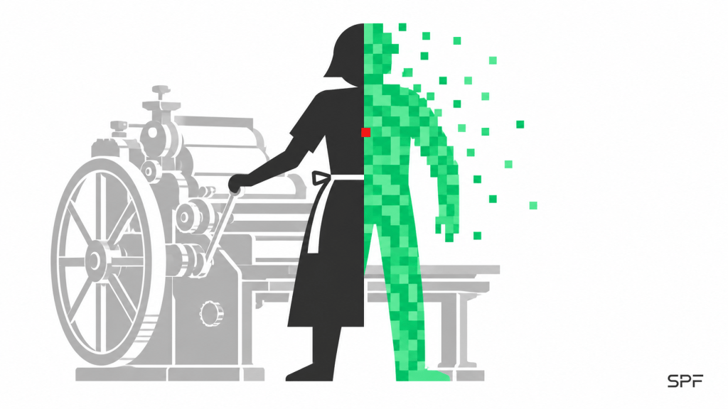 Eine stilisierte, geometrische Figur steht an einer historischen Druckmaschine: Die linke Hälfte erscheint als weibliche Silhouette mit Schürze, während die rechte Hälfte sichtbar in eine männliche Figur mit gerader Körperform und Hose übergeht. Grüne Pixel lösen die rechte Seite zunehmend auf und stehen für eine algorithmische Veränderung; ein einzelner roter Pixel markiert den Bruch an der Schnittstelle.