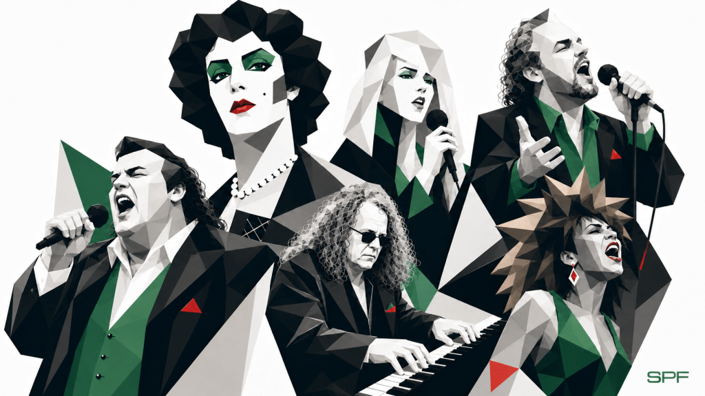 Das Bild zeigt sechs expressive Musikerinnen und Musiker in einer stilisierten, kantigen Low-Poly-Ästhetik aus Schwarz, Weiß, Grau und markantem Grün. Bonnie Tyler, Tim Curry, Joe Cocker, Tina Turner, Meat Loaf , Jim Steinman