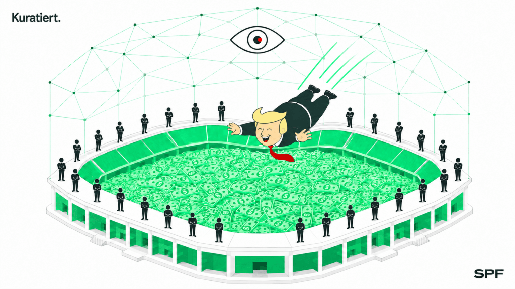 ine geometrisch stilisierte, karikaturhafte Figur mit typischer blonder Tolle und rundlicher Statur springt kopfüber in ein Fußballstadion, dessen Spielfeld bis zum Rand mit Dollarscheinen gefüllt ist. Am Stadionrand steht eine Reihe kleiner anthrazitfarbener Pictogramm-Figuren Spalier. Über der gesamten Szene liegt ein halbtransparentes, netzartiges Datenraster mit einem stilisierten Augen-Symbol im Zentrum.