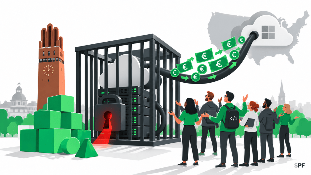 Im Zentrum steht eine hinter anthrazitfarbenen Gittern eingeschlossene Cloud- und Server-Infrastruktur, die symbolisch für die Abhängigkeit von ausländischen Hyperscalern steht. Ein dickes Kabel führt von der Darmstädter IT-Welt über den Atlantik in Richtung USA – Datenströme und Euro-Symbole machen sichtbar, dass Wertschöpfung und Geld Deutschland verlassen. Daneben stehen grüne, ungenutzte Bausteine für mögliche eigene Lösungen, während eine Gruppe weiblicher und männlicher IT-Fachkräfte mit offenen Händen fragt: Warum investieren wir nicht in unsere eigenen digitalen Möglichkeiten?
