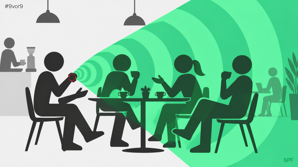 Die Uhr als Teilnehmer. Strichfiguren sitzen in einem Café an einem Tisch und sprechen. Am Handgelenk der einen sitzt eine überdimensionierte Uhr, aus der grüne Schallwellen austreten und sich über den Tisch legen — bis zur zweiten Figur, die davon nichts weiß. Ein roter Ring um das Ziffernblatt lenkt den Blick.