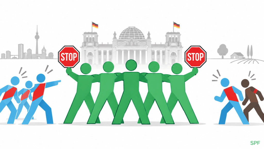 Eine geschlossene Gruppe grüner Menschen stellt sich vor dem angedeuteten Reichstag schützend einer blau-rot gekleideten Gruppe und auf der anderen Seite einem AfD-Vertreter und einem Rechtsextremisten entgegen. Mit roten STOP-Schildern auf beiden Seiten setzt die grüne Gruppe ein klares Zeichen gegen politischen Extremismus und für den Schutz der demokratischen Ordnung. Im Hintergrund verweisen dezente Symbole von Stadt und Land auf die gesamte Gesellschaft.