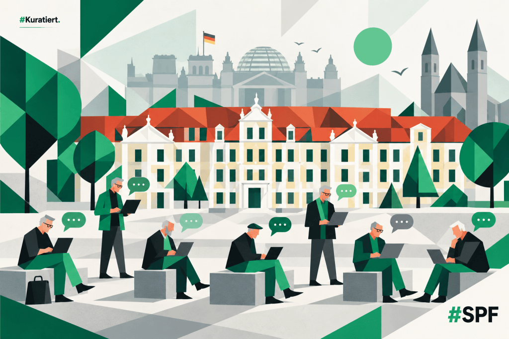 Die Illustration zeigt einen stark abstrahierten, kubistisch-geometrischen Landtag vor einer stilisierten Stadtkulisse, davor sitzen und stehen sieben ältere Blogger mit Laptops und Sprechblasen. Die reduzierte SPF-Farbwelt aus Grün, Weiß, Grau, Schwarz und wenigen Rot-/Gelbakzenten sowie die geometrischen Flächen verleihen dem Motiv einen klaren Bauhaus-Charakter.