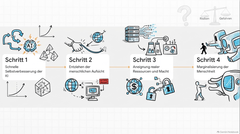 Grafische Darstellung der vier Schritte zur schnellen Selbstverbesserung von KI, einschließlich der Entziehung menschlicher Aufsicht und der Marginalisierung der Menschheit.