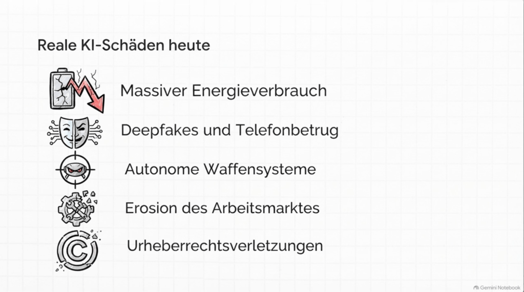 Liste der realen Schäden durch KI, einschließlich: Massiver Energieverbrauch, Deepfakes und Telefonbetrug, autonome Waffensysteme, Erosion des Arbeitsmarktes und Urheberrechtsverletzungen.