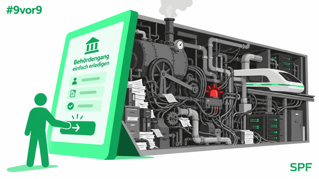 Schaufenster und Maschinenraum: Vorne eine saubere grüne Bürgerportal-Fassade, dahinter ein Querschnitt durch einen chaotischen Maschinenraum.