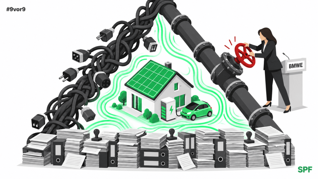 Ein grünes Haus mit Solardach, Speicher und E-Auto steht in einem großen Dreieck und kommt nicht heraus. Die drei Seiten des Dreiecks sind aus den drei Hindernissen gebaut: unten ein Wall aus Formularen, links ein Strang aus verknoteten Kabeln, rechts eine Gasleitung mit rotem Hahn, den die BMWE-Figur zudreht. Das Bild versteht man sofort: Die Energiewende sitzt fest.