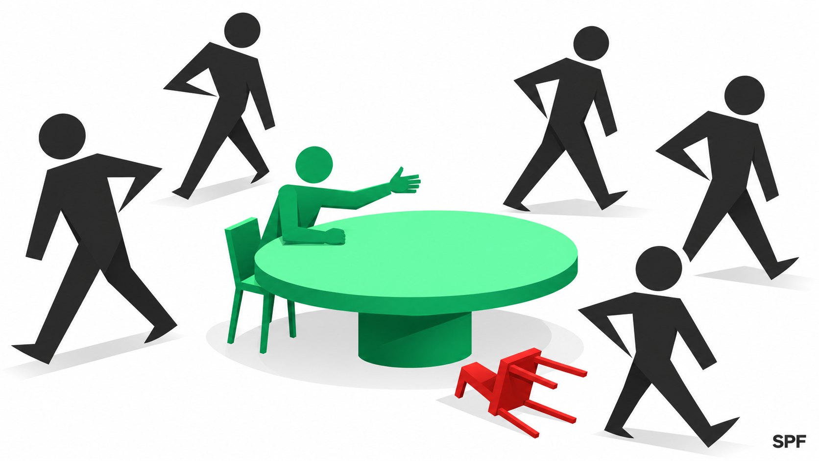 Der verlassene Tisch: Ein runder grüner Tisch als Sinnbild der Mitte. Die meisten Figuren stehen auf und gehen mit spitz ausgefahrenen Ellenbogen in alle Richtungen davon, ein Stuhl liegt umgekippt am Boden. Eine einzige Figur bleibt sitzen und hält die offene Hand über den Tisch. Das Bild trägt den Kern deines Beitrags: Die Mitte hält nur, wer am Tisch bleibt.