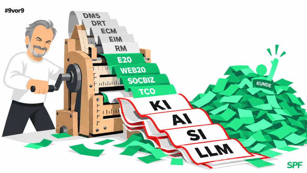 Ein schelmisch grinsender, stilisiert dargestellter Mann kurbelt eine überdimensionierte Papiermaschine an, die immer neue Management- und Technologiekürzel ausspuckt. Die Papierstreifen türmen sich zu einem grünen Berg, unter dem der Kunde beinahe verschwindet – eine augenzwinkernde Metapher für die wachsende Flut an Begriffen, Systemen und Technologien.