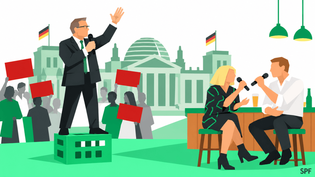 Ein abstrahierter Politiker steht auf einer grünen Kiste und spricht mit erhobener Hand vor einer Menschenmenge mit roten Protesttafeln – im Hintergrund symbolisiert der stark vereinfachte Reichstag die deutsche Demokratie. Rechts sitzen zwei Personen mit Mikrofonen an einer Bar; die kontrastierende Szene steht für öffentliche Debatte und Unterhaltung. Die Illustration verbindet beide Welten mit der SPF-Farbpalette aus Grün, Anthrazit, Weiß und Rot.