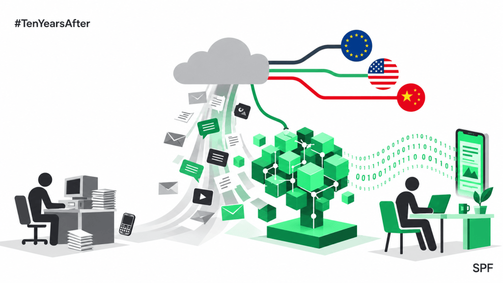Collage: Vom grauen Büro mit Papierstapel zum grünen KI-Gehirn, darüber eine Cloud mit Symbolen für Europa, USA und China.
