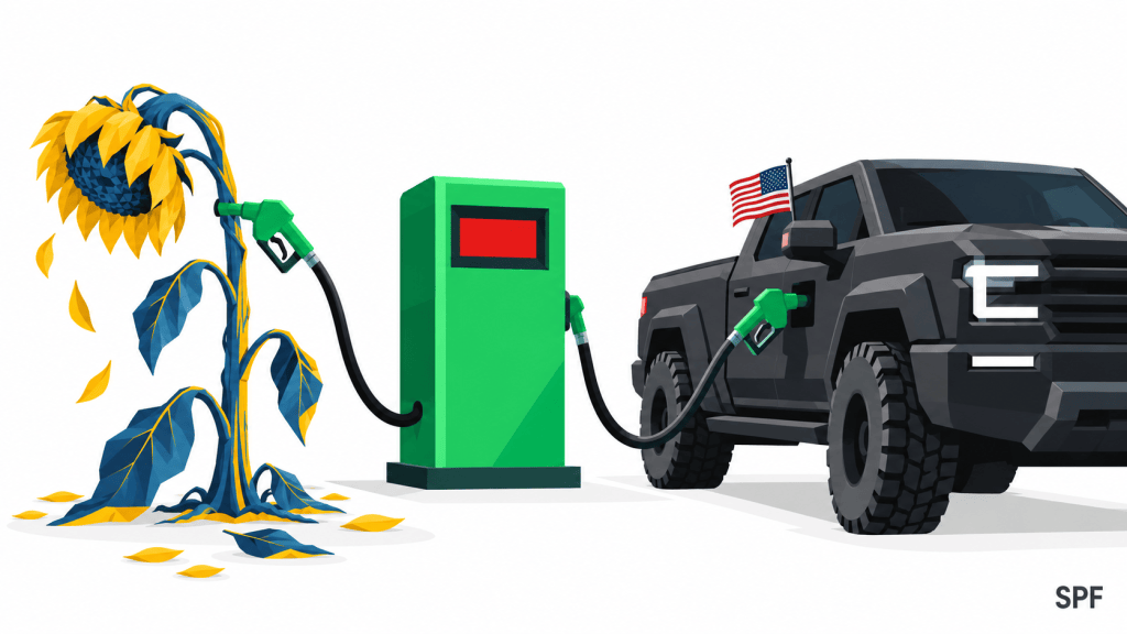 Die Zapfsäule saugt die Sonnenblume leer: Eine grüne Zapfsäule, deren Schlauch nicht im Auto steckt, sondern in einer welkenden Sonnenblume, dem Symbol der Ukraine. Die Blume wird ausgesaugt, damit ein übergroßer Pickup volltanken kann. Das ist am provokantesten und trägt die Kernthese „Diesel statt Ukraine“ ohne ein Wort.